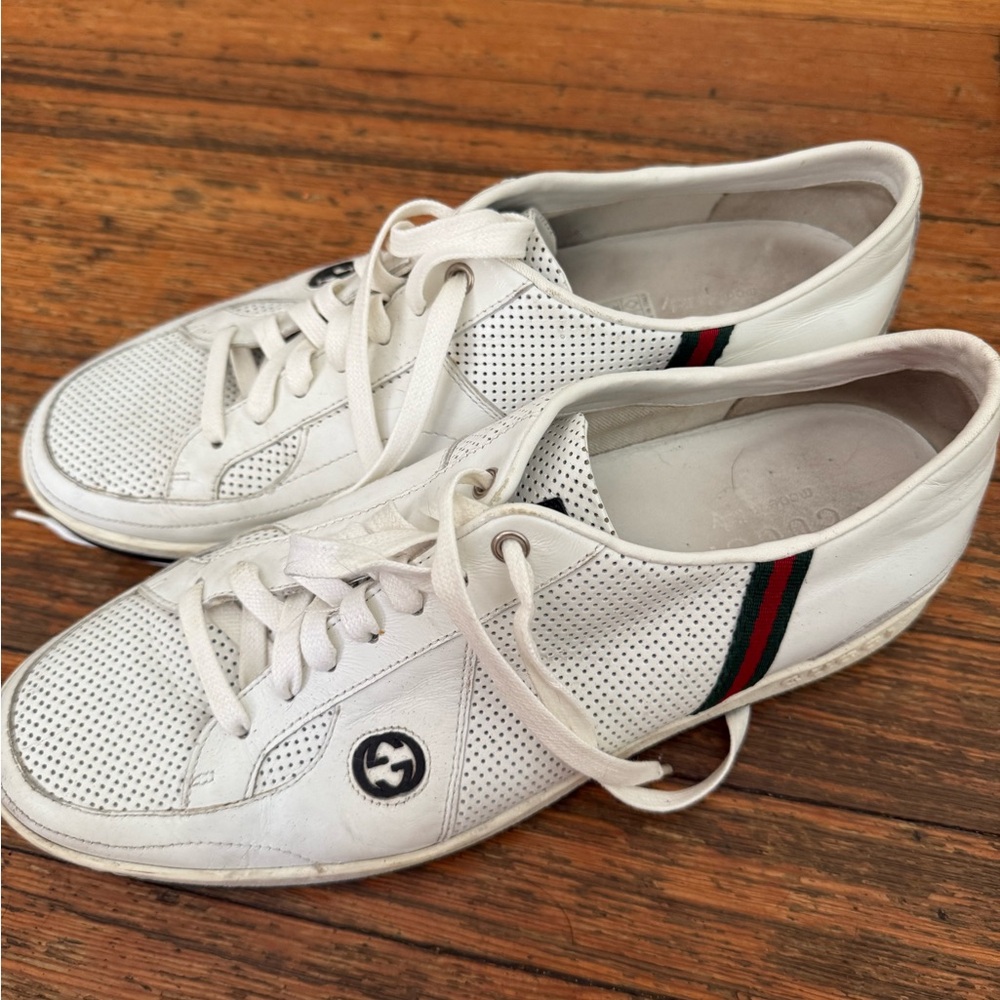 Gucci Men's White Perforated Sneakers with Green and Red Stripes